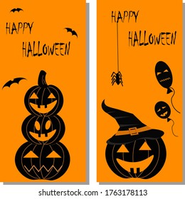 Halloween flyer. Vector illustration on an orange background with pumpkins and bats. Template with text.