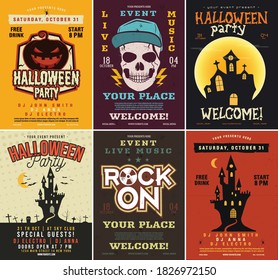 Halloween flyers set. Scary brochures templates collection. Holiday designs bundle with pumpkin, skull, bat. vector illustrations