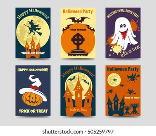 Halloween flyers template with halloween flat elements. Vector six flyers with pumpkin ghost