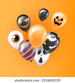 Halloween flying balloons composition. Realistic vector 3d set of balloons with creepy faces. Festive and evening decoration, decor.