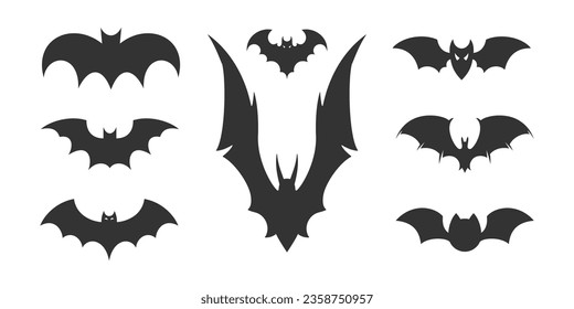 Halloween flying bat black silhouette with open wings different shape icon set vector flat illustration. Flight wild animal spooky vampire face back view creepy horror creature autumn holiday symbol