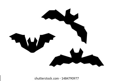 Halloween flying bat clipart vector set.  Black simple geometric silhouette. Minimalist bat clip art. Different wing position. 