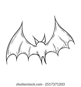 Halloween flying bat illustration in line art style. Graphic monochrome drawing. Hand drawn outline sketch, engraved doodle illustration. For coloring book, invitation, decoration.