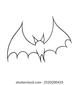 Halloween flying bat illustration in line art style. Graphic monochrome drawing. Hand drawn outline sketch, engraved doodle illustration. For coloring book, invitation, decoration.