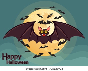 Halloween flying bat on moon background.Vector illustration.