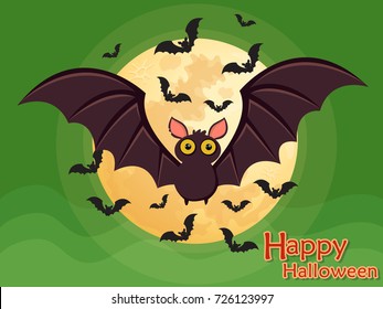 Halloween flying bat on moon background.Vector illustration.