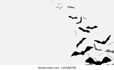 Halloween flying bats background. Creepy silhouette flittermouse group isolated on white. Vector illustration.