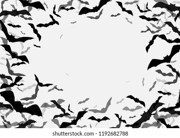 Halloween flying bats border background. Creepy silhouette flittermouse group isolated on white. Copy space in the middle. Vector illustration.