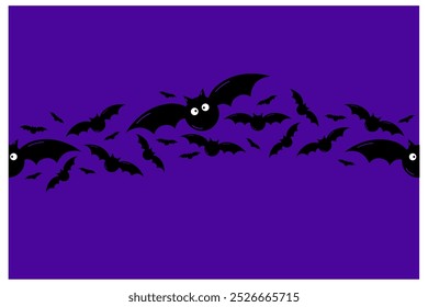 Halloween flying bats. Decoration element from scattered silhouettes. Top vector border.
