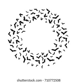 Halloween flying bats. Decoration element from scattered silhouettes. Round frame