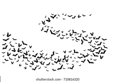 Halloween flying bats. Decoration element from scattered silhouettes.  Swirl wavy path