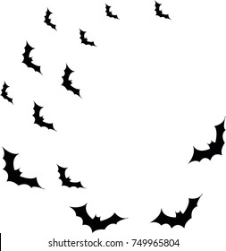 
Halloween flying bats. Decoration element from scattered silhouettes. 
Swarm of bats on the white background.