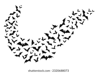 Halloween flying bats, isolated vector winged swarm of vampire animals curve wave fly on white background. Creepy bats flock black silhouettes, spooky fauna creatures group flow graphic design element