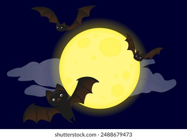 Halloween flying bats on the background of the moon. Simple vector illustration with a bat. Autumn, Halloween. design element for holiday decoration, posters, cards. Vector illustration