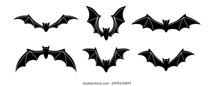 Halloween flying bats silhouettes. Vector isolated set of spooky animal with wings. Symbol of darkness and night. Dark or evil characters with long wings, spooky scenery decoration, mystery