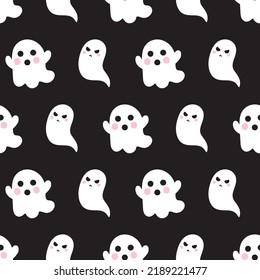 Halloween Flying Ghost Faces Black Cool Spooky Fun Seamless Repeating Pattern Background Wallpaper Art Children Kids Party Cloth Design Cartoon Drawing Decoration Vector Doodle Symbol