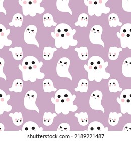 Halloween Flying Ghost Faces Purple Lavender Lilac Spooky Fun Seamless Repeating Pattern Background Wallpaper Art Children Kids Party Cloth Design Cartoon Drawing Decoration Vector Doodle Symbol