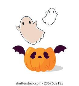 Halloween with Flying Ghost and Orange Pumpkin Vector Illustration