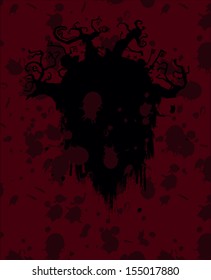 Halloween flying landscape with scary trees, vector silhouette