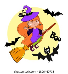 Halloween flying little witch with bats. Vector illustration of a little girl in a Halloween costume isolated