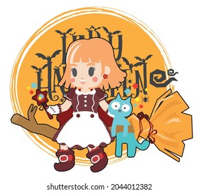 Halloween flying little witch and blue cat. Girl kid in Halloween costume holds a magic wand. Halloween cartoon ciecle logo. Isolated.
