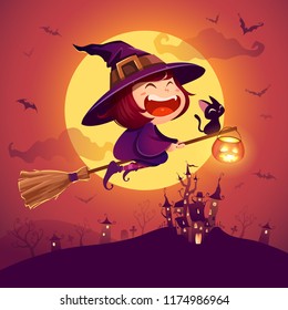 Halloween flying little witch. Girl kid in halloween costume flying over the moon. Retro vintage.