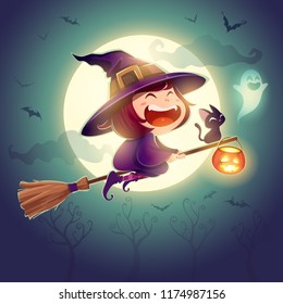 Halloween flying little witch. Girl kid in halloween costume flying over the moon. Retro vintage.