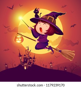 Halloween flying little witch. Girl kid in halloween costume holds a magic wand. Retro vintage.