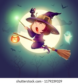 Halloween flying little witch. Girl kid in halloween costume holds a magic wand. Retro vintage.