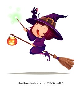 Halloween Flying Little Witch. Girl Kid In Halloween Costume Holds A Magic Wand. Isolated.