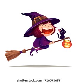 Halloween flying little witch. Girl kid in Halloween costume flies with black cat and pumpkin lantern. Isolated.