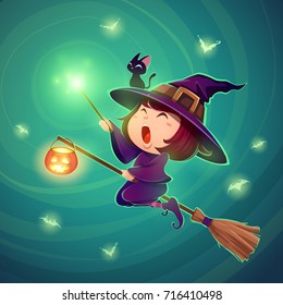 Halloween flying little witch. Girl kid in halloween costume holds a magic wand. Retro vintage. Turquoise background.