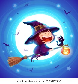 Halloween Flying Little Witch. Girl Kid In Halloween Costume Flying Over The Moon. Retro Vintage. Blue Background.