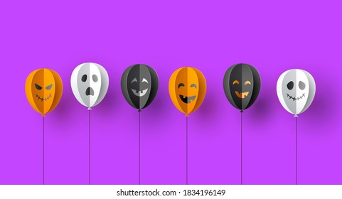 Halloween flying paper balloons isolated on violet background. Vector ghost white, black and orange baloons border for party invitation design