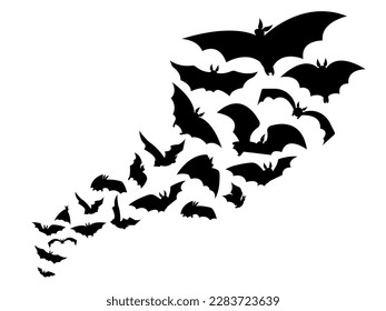 Halloween flying swarm bats, horror silhouette scary graphic. Animal vampires, isolated black gothic creepy creature. Mystical night decent vector background