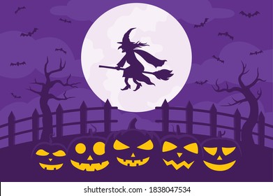 Halloween Flying Witch Background. Illustration of a witch flying at Halloween night with scary pumpkin underneath. Halloween background in purple.