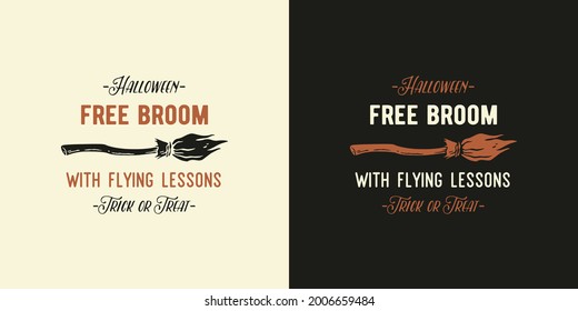 Halloween flying witch broom for t-shirt halloween print. Magic spooky broomstick for happy halloween. Magic broom for design dark halloween party or sabbat