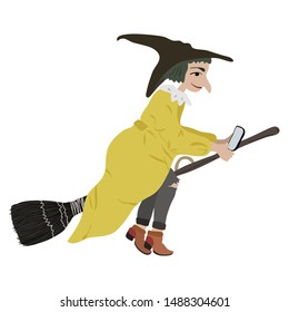 Halloween flying witch with green hair in hat and yellow jacket. Girl with long nose on a broomstick with smartphone in her hands. Woman character. Modern flat cartoon colorful vector illustration