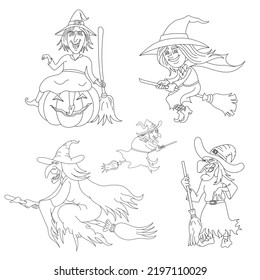 Halloween Flying Witch Line Art Illustration For Coloring Page