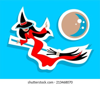 Halloween flying witch and moon on a black background.