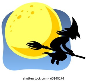 Halloween flying witch and moon on a blue background.