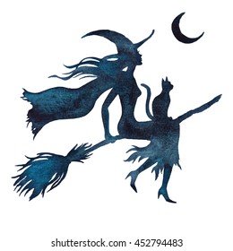 Halloween flying witch on a broom, watercolor vector silhouette  illustration isolated on the white background.