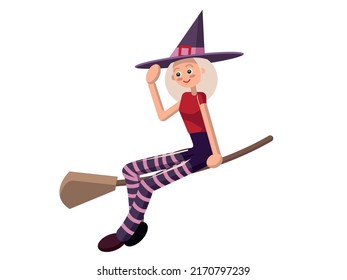 Halloween flying witch on a broomstick . Girl kid in Halloween costume vector.Halloween holiday celebration, fantasy and magic on all hallows eve in autumn season. Isolated.