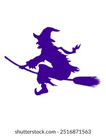 Halloween flying witch on broomstick isolated on transparent background