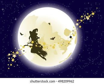 Halloween flying witch on a broomstick over big full moon and stars.