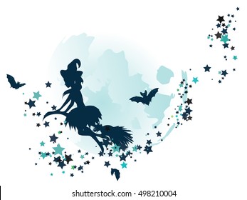 Halloween flying witch on a broomstick over big full moon and stars.