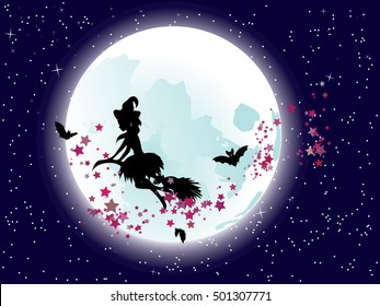 Halloween flying witch on a broomstick over big full moon and stars.