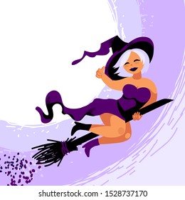 Halloween flying witch.poster with abstract background and copy space.  cartoon character magic Girl in Halloween costume showing ok. Isolated vector.