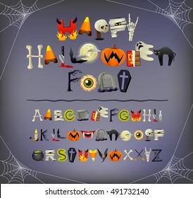 Halloween font alphabet illustrated with halloween icons and theme elements such as pumpkins, skeleton bones, candy, mummy, monsters, tombstones. For posters, banners, invitation designs, etc. Vector 