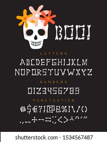 Halloween font of bones and skull. Creative skeleton alphabet with white uppercase letters, numbers and punctuation isolated on the black background. Holiday type vector design.